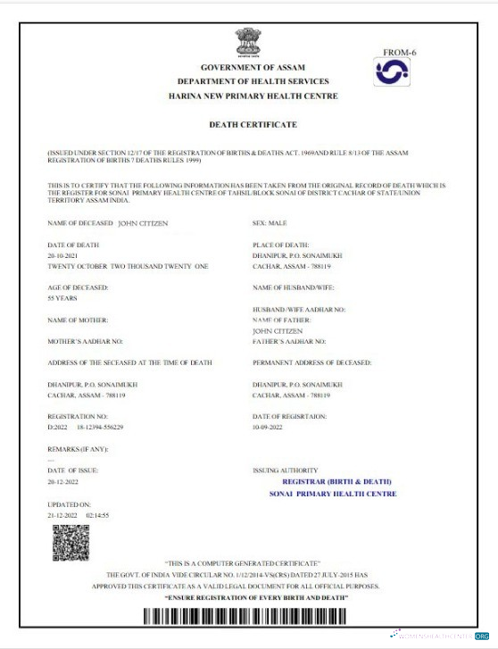 Download India Government of Assam death certificate Photoshop template